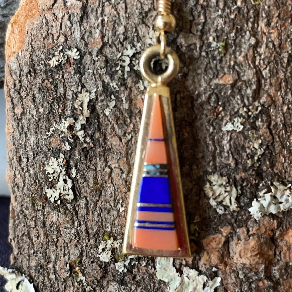 18K GOLD Zuni Native American Vintage Multi-stone Dangle Earrings - Picture 13 of 14